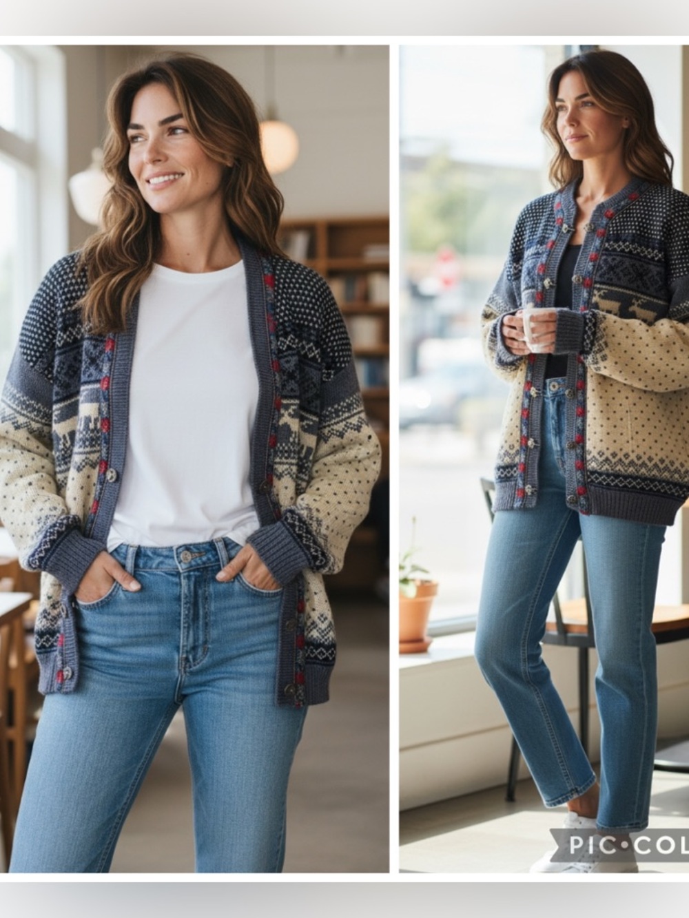 Dale of Norway Wool Nordic Blue Multi Cardigan Sweater Moose Fair Isle Size L